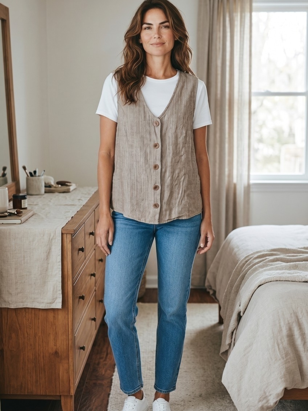 Flax Linen Button-Front Vest in Light Taupe
